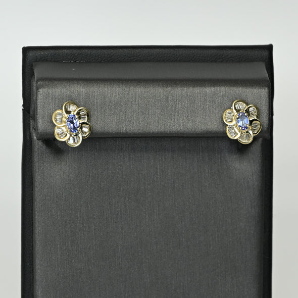 Tanzanite & Diamond Flower Cluster 14k Gold Earrings