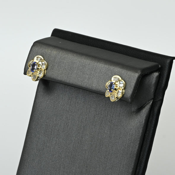 Tanzanite & Diamond Flower Cluster 14k Gold Earrings