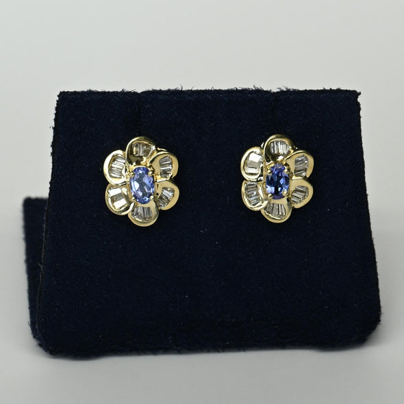 Tanzanite & Diamond Flower Cluster 14k Gold Earrings