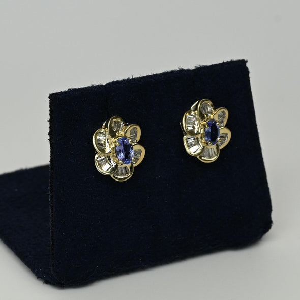 Tanzanite & Diamond Flower Cluster 14k Gold Earrings