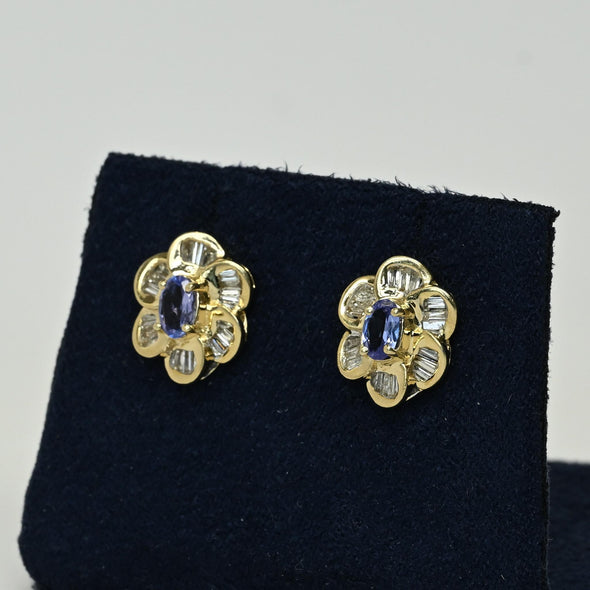 Tanzanite & Diamond Flower Cluster 14k Gold Earrings