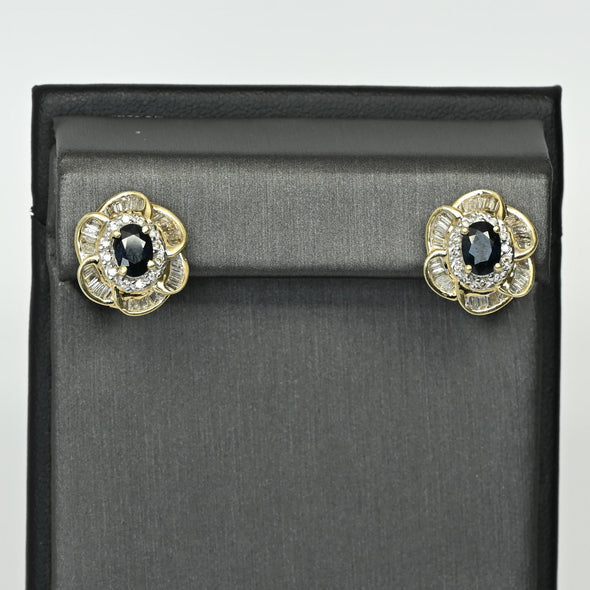 Sapphire Diamond Flower Cluster 14k Yellow Gold Omega Back Earrings
