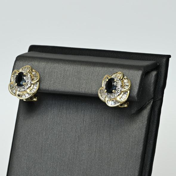 Sapphire Diamond Flower Cluster 14k Yellow Gold Omega Back Earrings