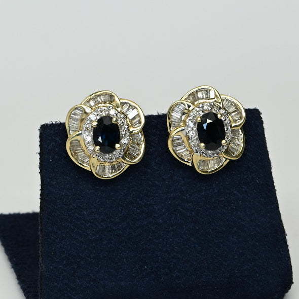 Sapphire Diamond Flower Cluster 14k Yellow Gold Omega Back Earrings