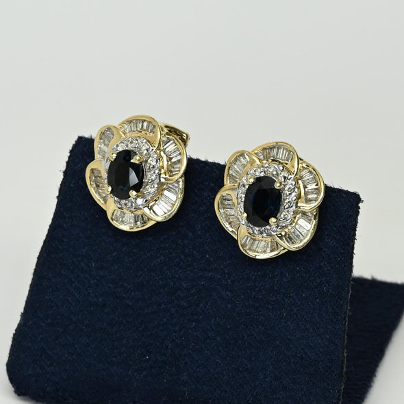 Sapphire Diamond Flower Cluster 14k Yellow Gold Omega Back Earrings
