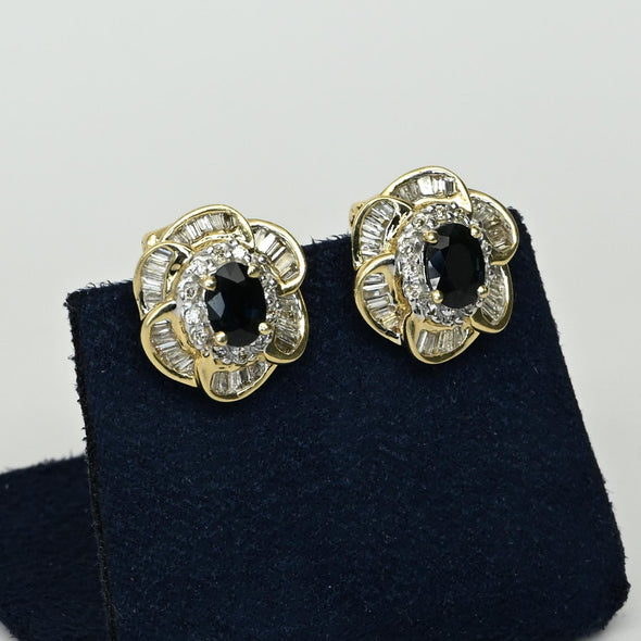 Sapphire Diamond Flower Cluster 14k Yellow Gold Omega Back Earrings