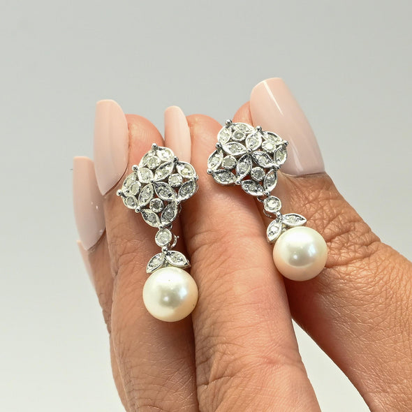 Diamond and Pearl 14k White Gold Dangle Earrings