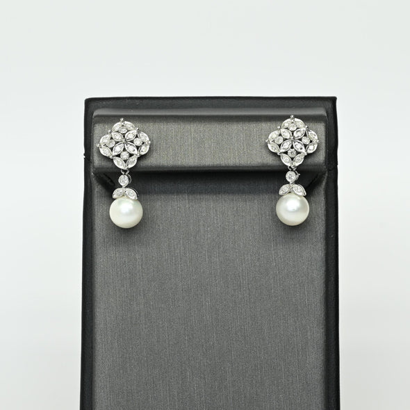 Diamond and Pearl 14k White Gold Dangle Earrings