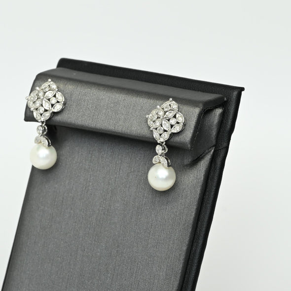 Diamond and Pearl 14k White Gold Dangle Earrings