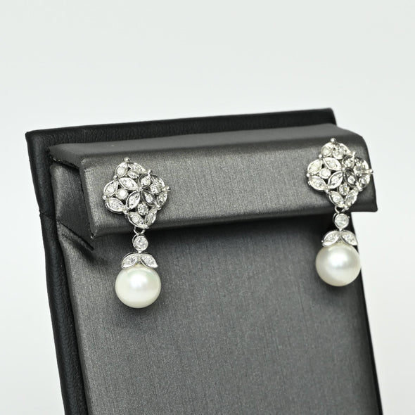 Diamond and Pearl 14k White Gold Dangle Earrings