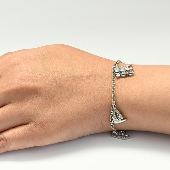 Vintage Italian Designer Diamond Travel Motif 18k White Gold Charm Bracelet