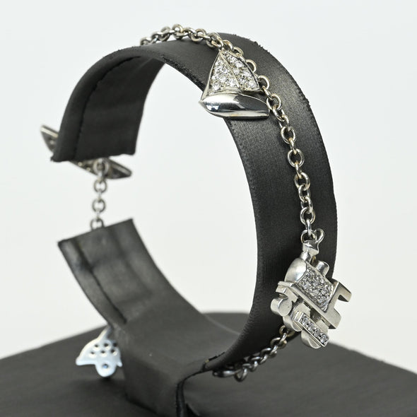 Vintage Italian Designer Diamond Travel Motif 18k White Gold Charm Bracelet