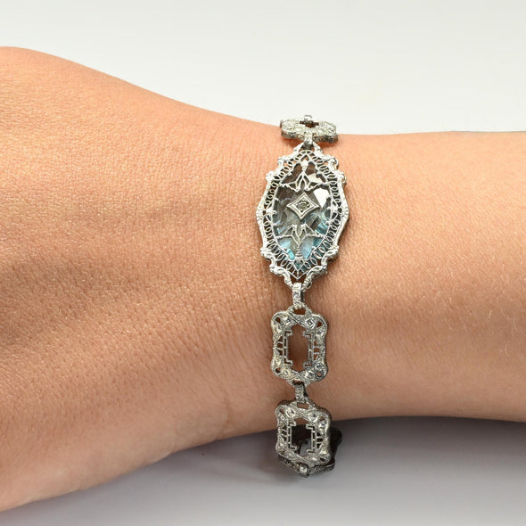Art Deco Blue Topaz Marquise Filigree Sterling Silver Bracelet