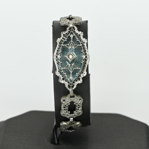 Art Deco Blue Topaz Marquise Filigree Sterling Silver Bracelet
