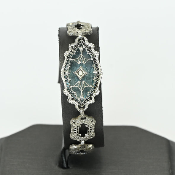 Art Deco Blue Topaz Marquise Filigree Sterling Silver Bracelet