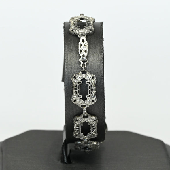 Art Deco Blue Topaz Marquise Filigree Sterling Silver Bracelet