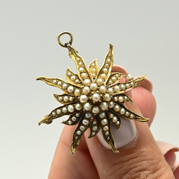 Victorian Sunburst Seed Pearl Converter Pendant Brooch