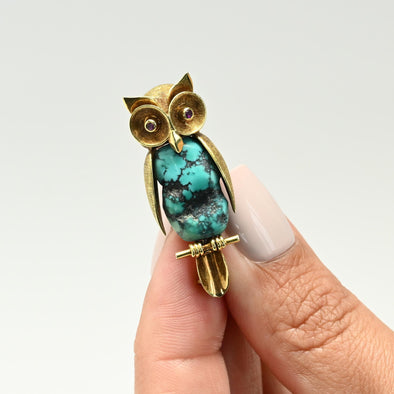 Vintage Owl Turquoise 14k Gold Brooch