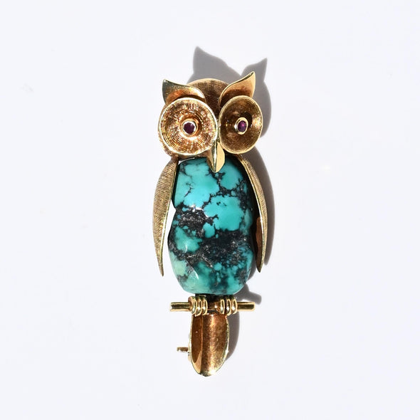 Vintage Owl Turquoise 14k Gold Brooch