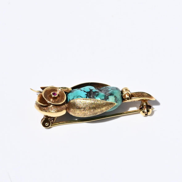 Vintage Owl Turquoise 14k Gold Brooch