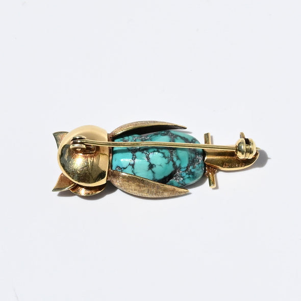 Vintage Owl Turquoise 14k Gold Brooch