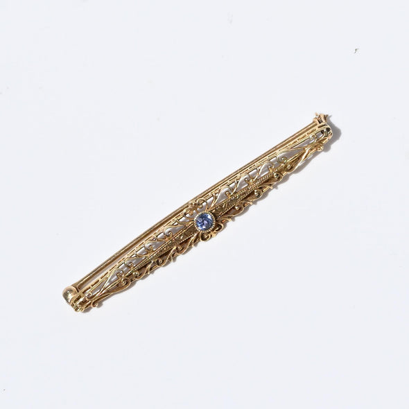 Yogo Gulch Montana Blue Sapphire Filigree 14k Yellow Gold Bar Brooch