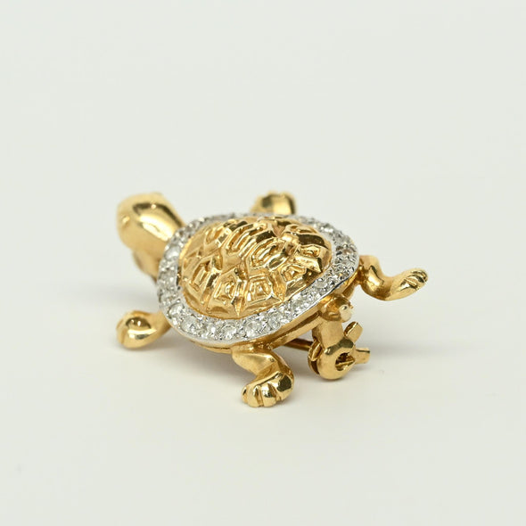 Diamond Turtle 14k Yellow Gold Brooch