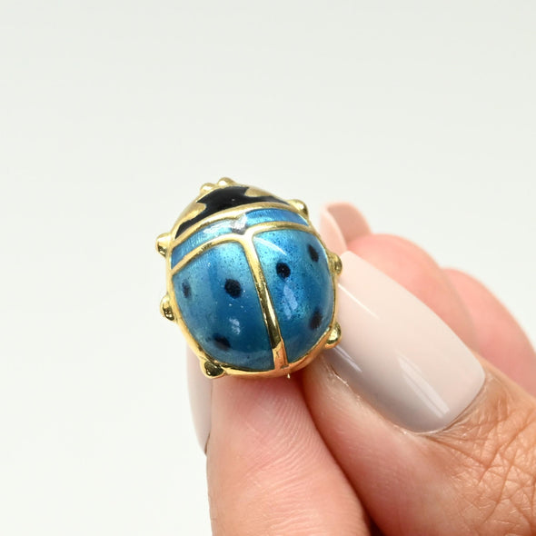 Ladybug Blue Enamel 14k Gold Brooch