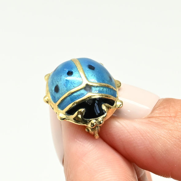 Ladybug Blue Enamel 14k Gold Brooch