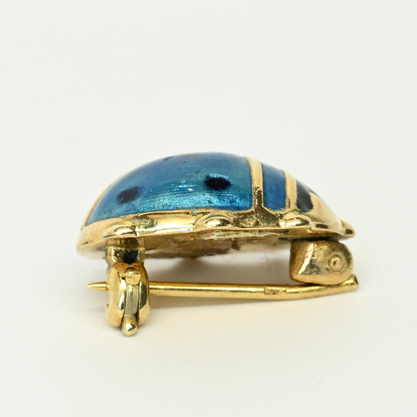 Ladybug Blue Enamel 14k Gold Brooch