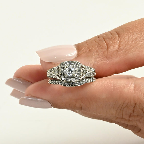 7/8cttw Diamond Halo Engagement Ring 14k White Gold Wedding Set