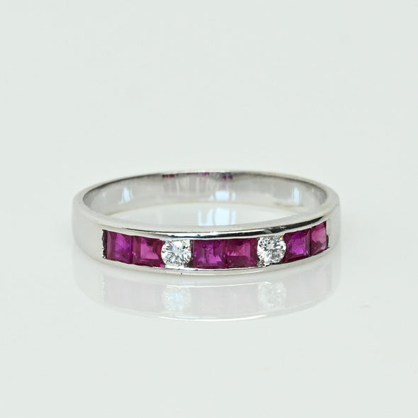 Vintage Ruby and Diamond Band 18k White Gold Ring