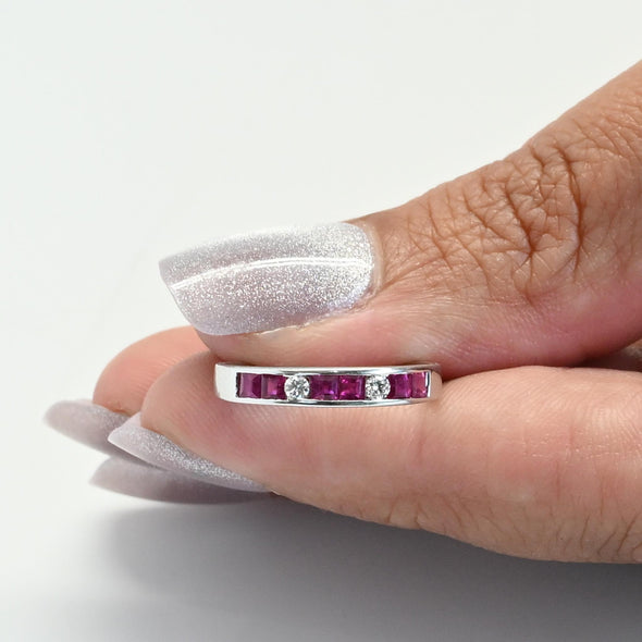 Vintage Ruby and Diamond Band 18k White Gold Ring