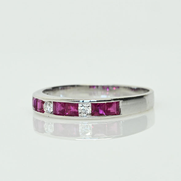 Vintage Ruby and Diamond Band 18k White Gold Ring