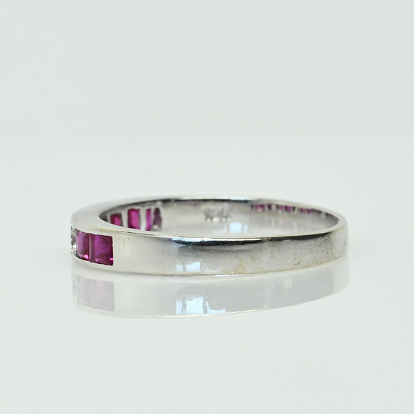 Vintage Ruby and Diamond Band 18k White Gold Ring