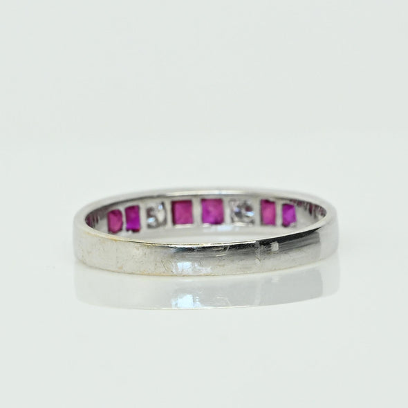 Vintage Ruby and Diamond Band 18k White Gold Ring