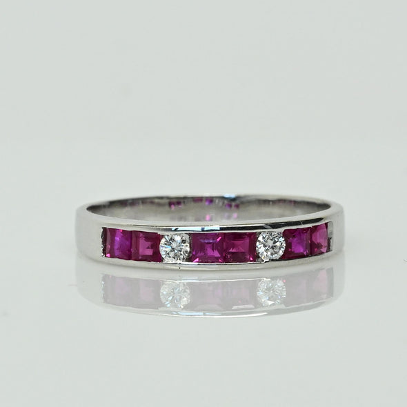Vintage Ruby and Diamond Band 18k White Gold Ring