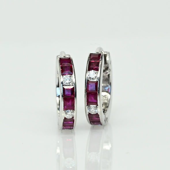 Ruby and Diamond Huggies 18k White Gold Hoop Earrings