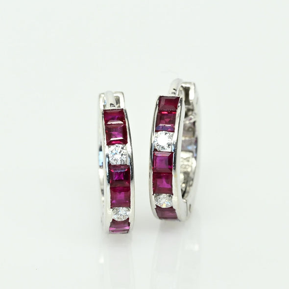 Ruby and Diamond Huggies 18k White Gold Hoop Earrings