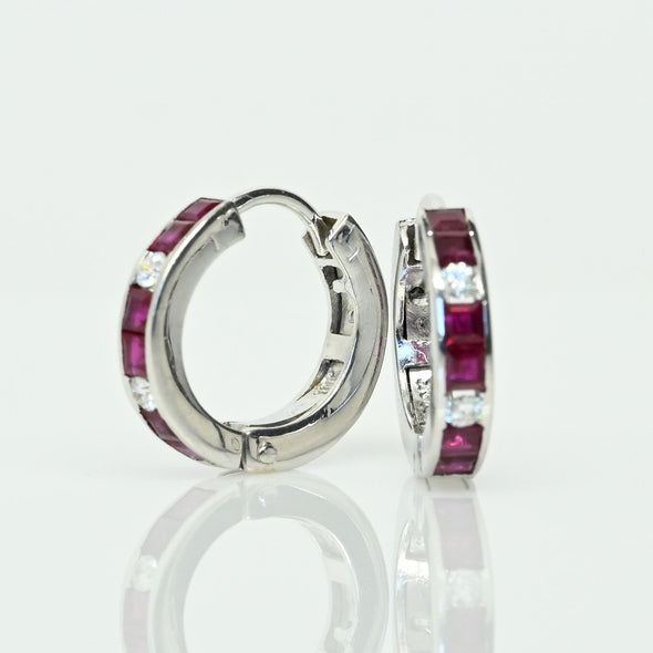 Ruby and Diamond Huggies 18k White Gold Hoop Earrings