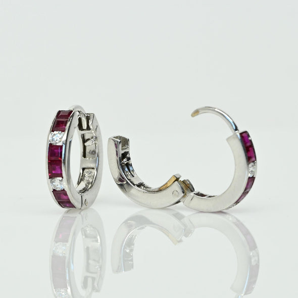 Ruby and Diamond Huggies 18k White Gold Hoop Earrings