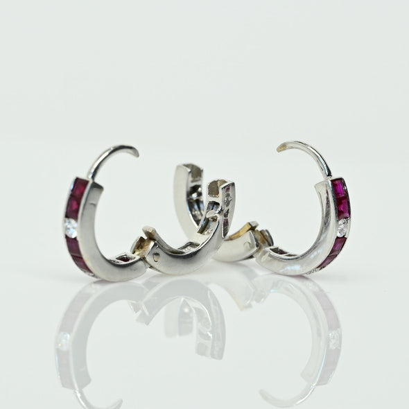Ruby and Diamond Huggies 18k White Gold Hoop Earrings