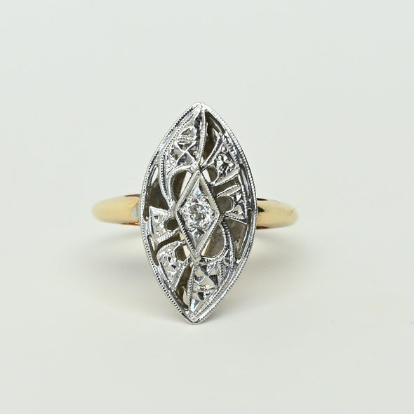 Retro Diamond Navette 14k Cocktail Ring