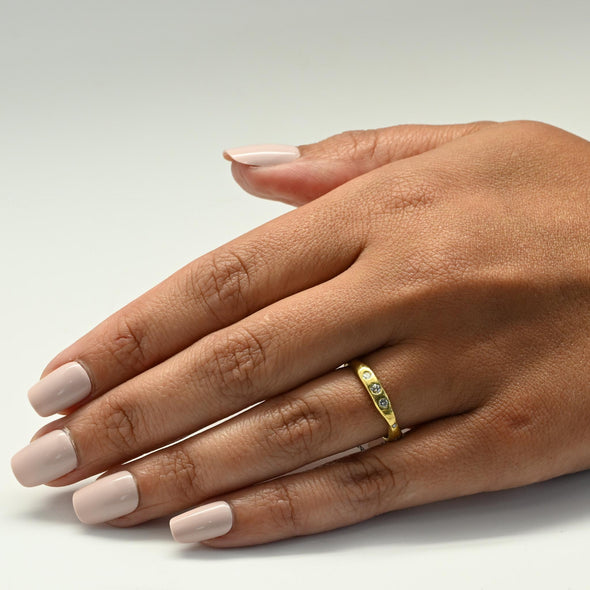 Hand Made Gypsy Set Diamond Hammer Finish 18k Yellow Gold Band