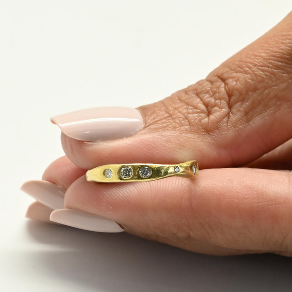 Hand Made Gypsy Set Diamond Hammer Finish 18k Yellow Gold Band