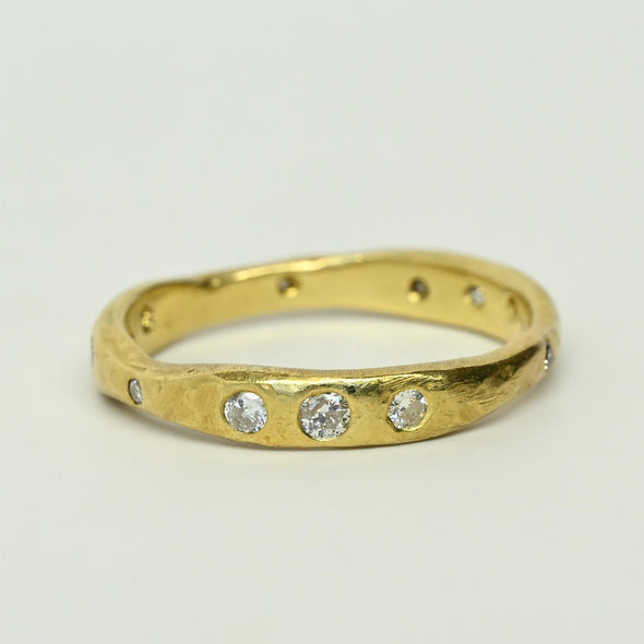 Hand Made Gypsy Set Diamond Hammer Finish 18k Yellow Gold Band