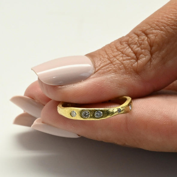 Hand Made Gypsy Set Diamond Hammer Finish 18k Yellow Gold Band
