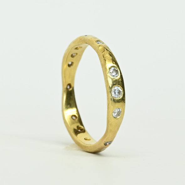 Hand Made Gypsy Set Diamond Hammer Finish 18k Yellow Gold Band