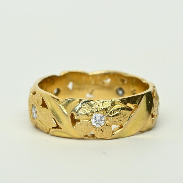 Vintage Diamond Floral 18k Yellow Gold Band by Jabel