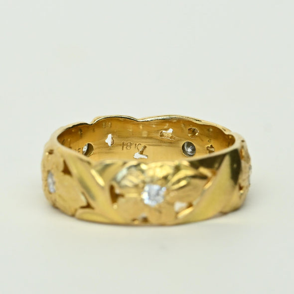 Vintage Diamond Floral 18k Yellow Gold Band by Jabel